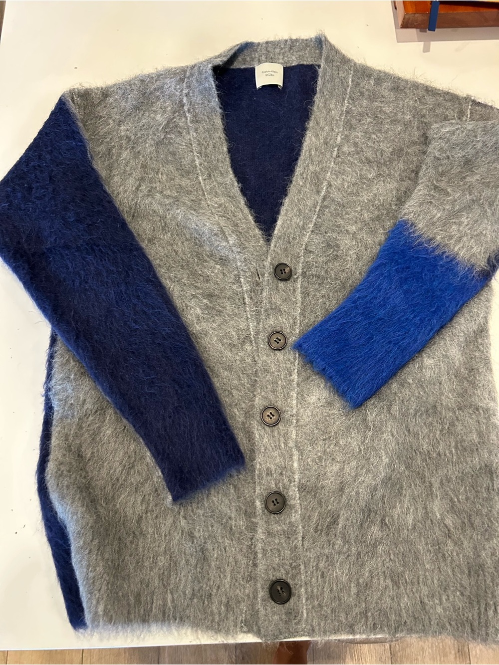 Calvin Klein Gray Cardigan with Navy and Royal Blue Sleeves